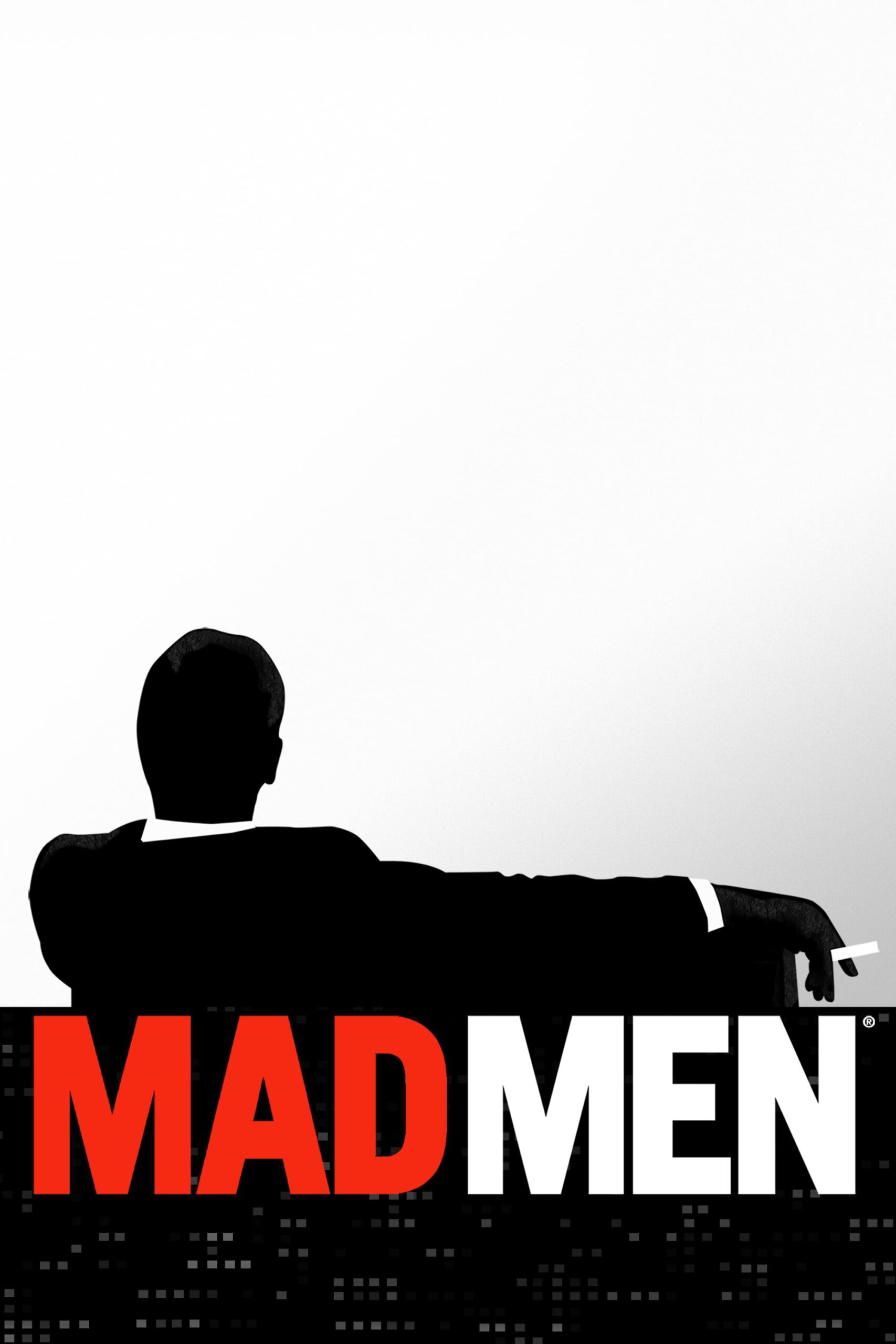 Silhouette of a man in a suit sitting with one arm draped over a sofa, holding a cigarette. The words MAD MEN are in bold letters, with MAD in red and MEN in white, against a cityscape outline—an iconic scene now streaming on Brasil IPTV.