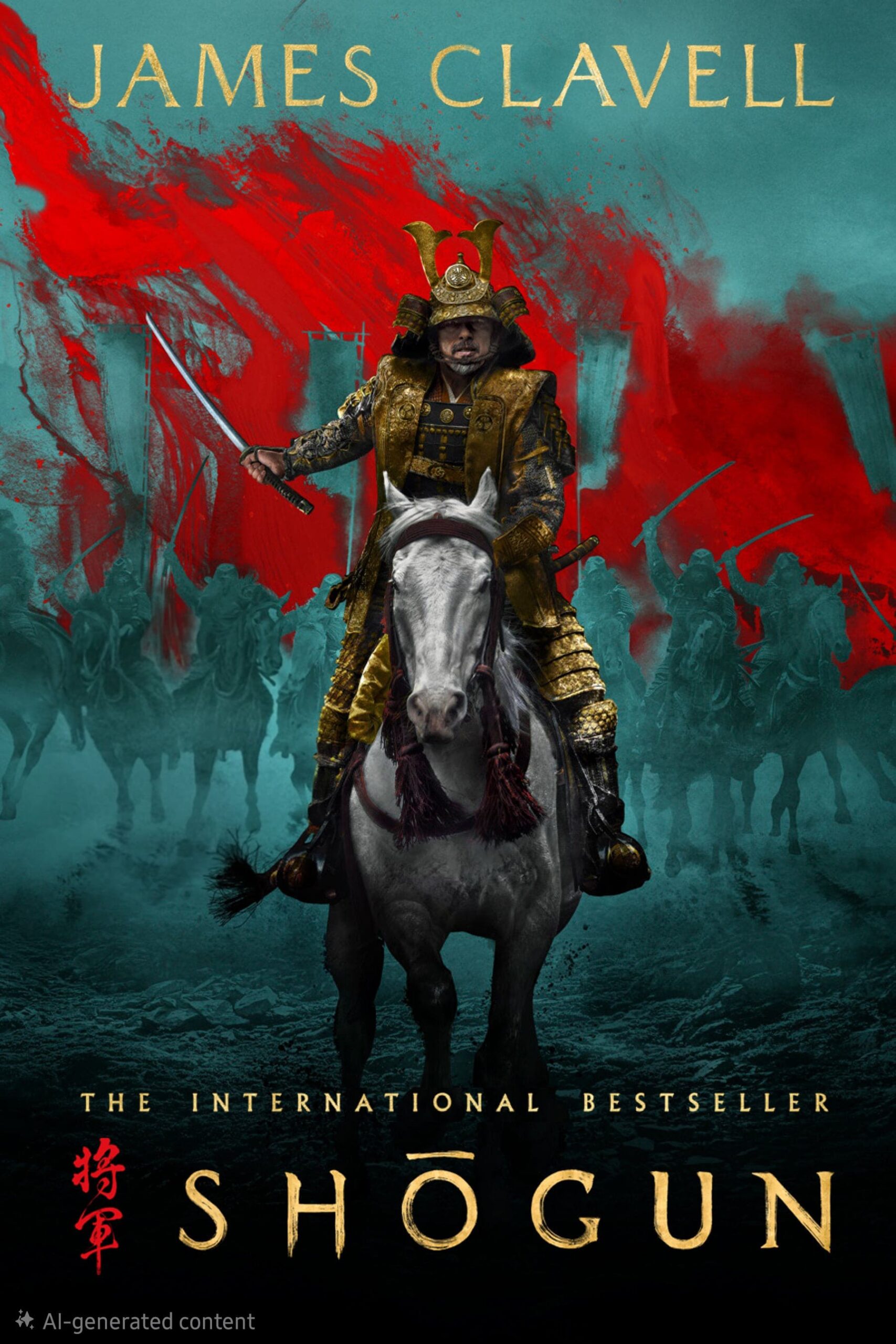 A samurai in golden armor rides a white horse with a sword raised. Red brushstrokes and shadowy riders are in the background, echoing the dynamic spirit of IPTV Brasil. Text reads: James Clavell. The International Bestseller. Shogun.
