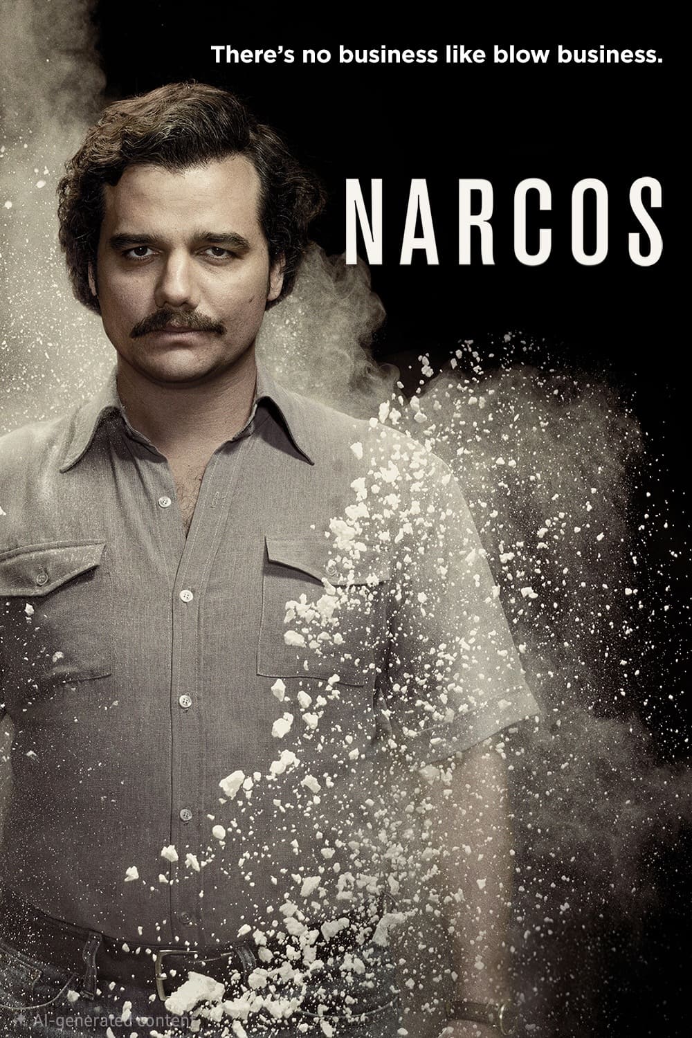 A serious man with a mustache stands in front of a black background, with white powder surrounding him. The text reads, There’s no business like blow business. NARCOS. Stream every episode now on Brasil IPTV for the ultimate experience.