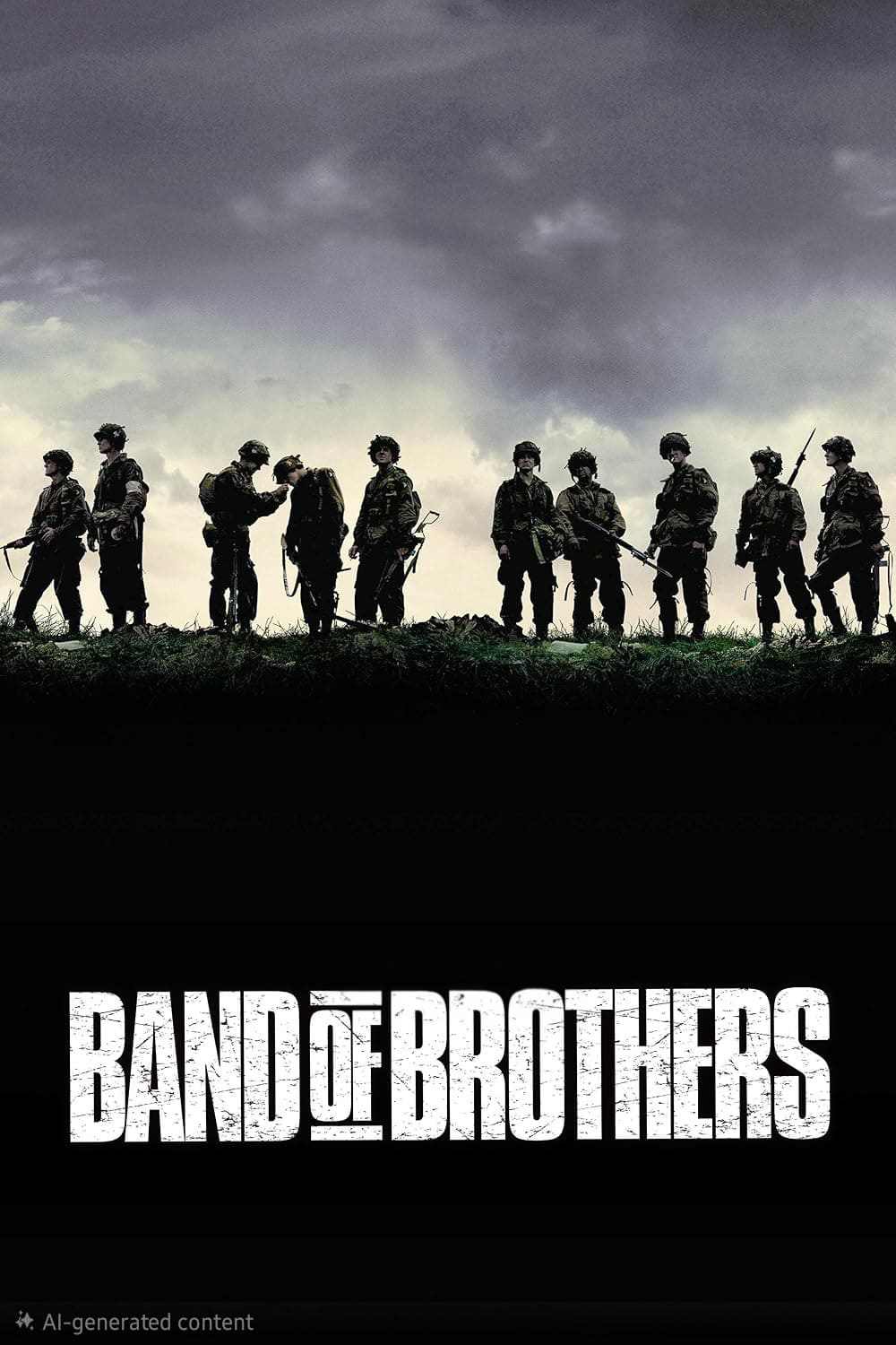 Silhouetted soldiers stand in a row on a grassy hill under a cloudy sky, with BAND OF BROTHERS in bold white text below them, as seen on IPTV BrasiL.