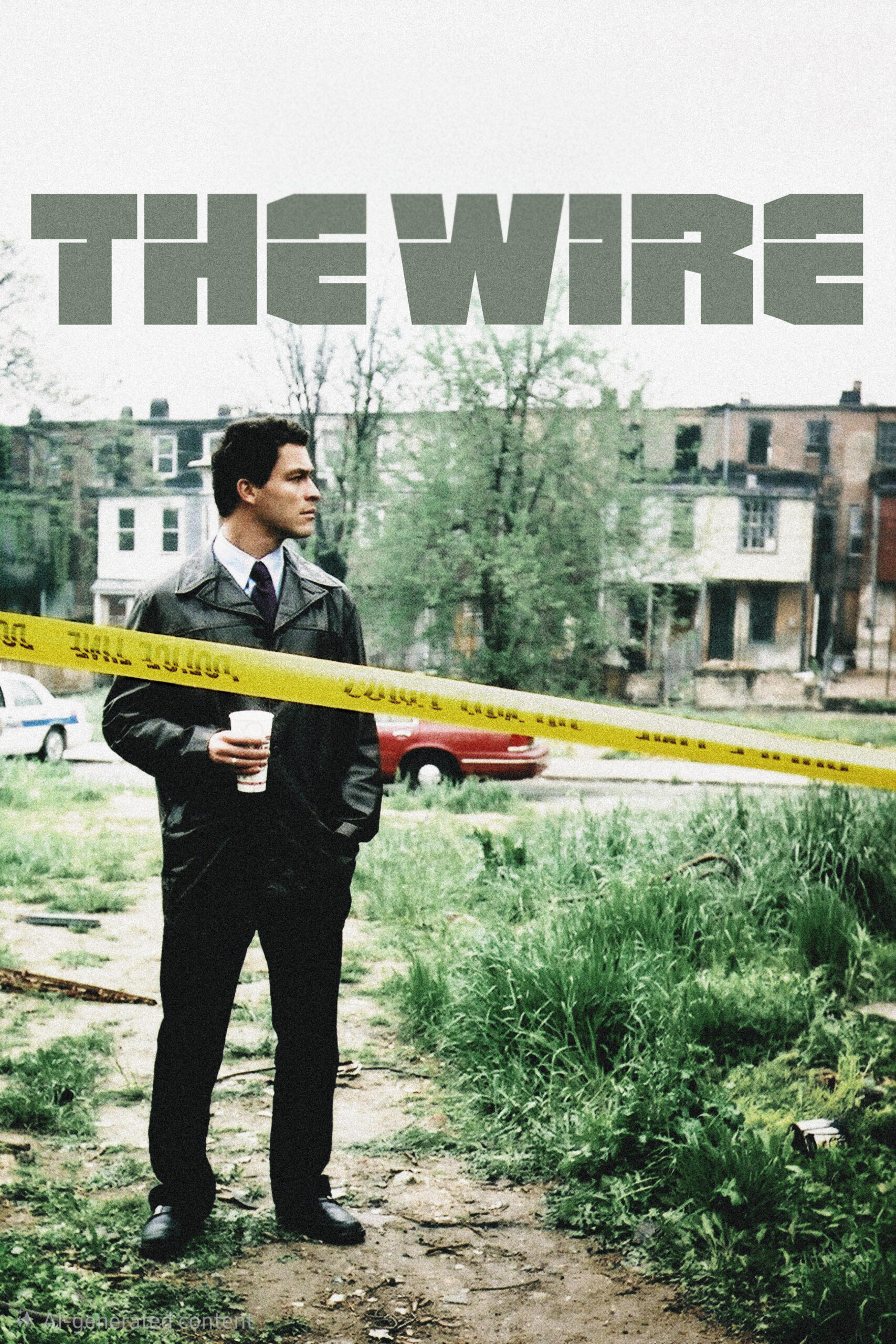 A man in a suit stands by yellow police tape on a grassy, urban lot, holding a coffee cup. Behind him are old buildings. Large gray text reads The Wire at the top, hinting at the gritty realism streaming now on IPTV Brasil.