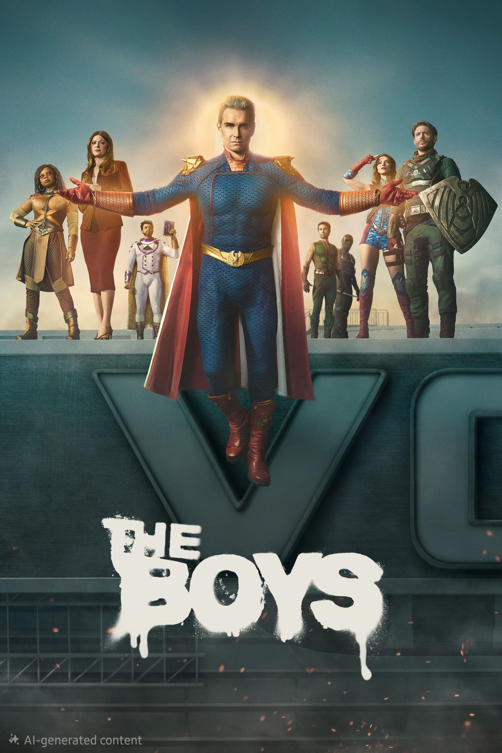 A group of superheroes in colorful costumes stands on a rooftop, with one man in a blue suit and cape floating in front. The Boys logo is displayed at the bottom, while a subtle nod to IPTV BrasiL hints at their connection to cutting-edge entertainment streaming.