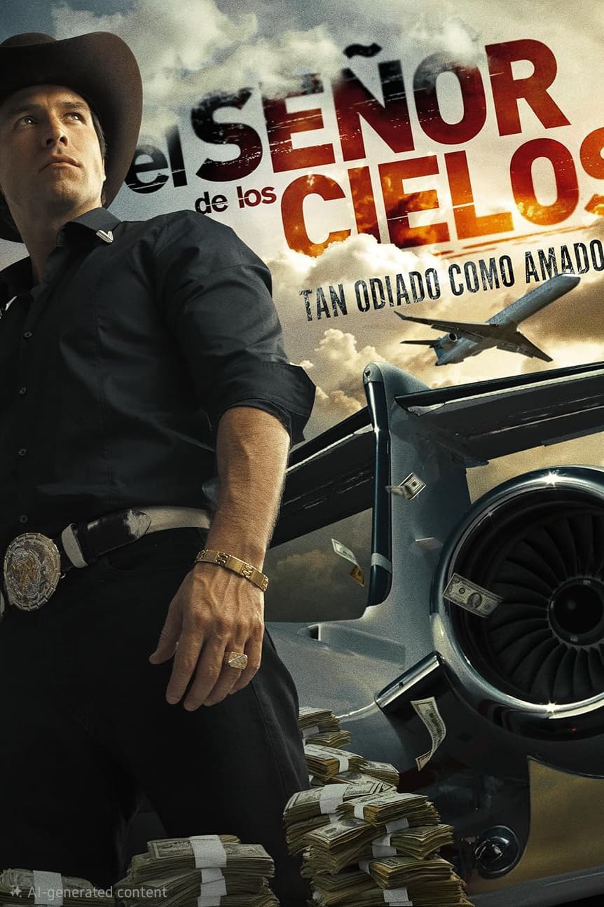 Man in a cowboy hat stands by a jet with stacks of money, planes flying overhead, and Spanish text reading El Señor de los Cielos: Tan Odiado Como Amado in the dramatic sky—a scene as thrilling as tuning into your favorite shows with IPTV BrasiL.