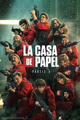 Twelve people in red jumpsuits hold guns, posing defiantly. The text La Casa de Papel Partie 5 is centered. The background is dark and dramatic, hinting at tension and action—perfect for fans streaming the latest thrills with IPTV BrasiL.