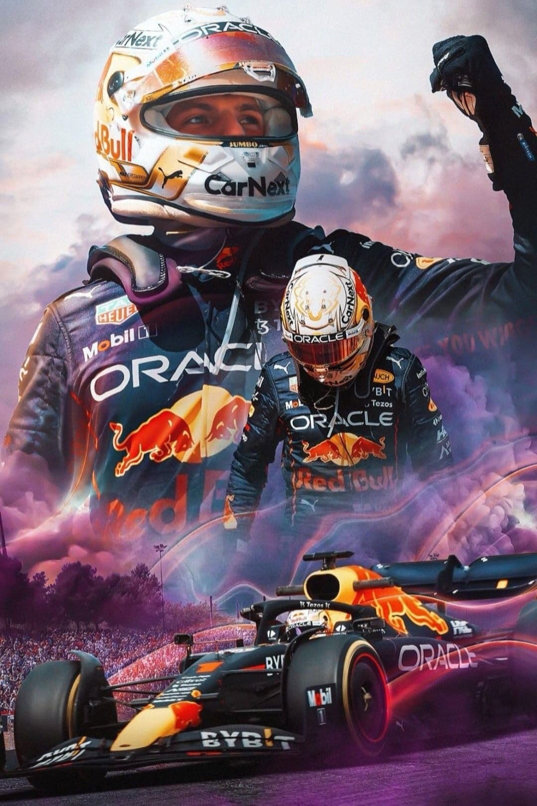 A Red Bull Formula 1 driver celebrates with a raised fist, his image superimposed over another of him in a racing suit and helmet, and a Red Bull F1 car speeding on the track below with a smoky, dramatic background—capturing the adrenaline and excitement that fans experience when watching live through IPTV BrasiL.