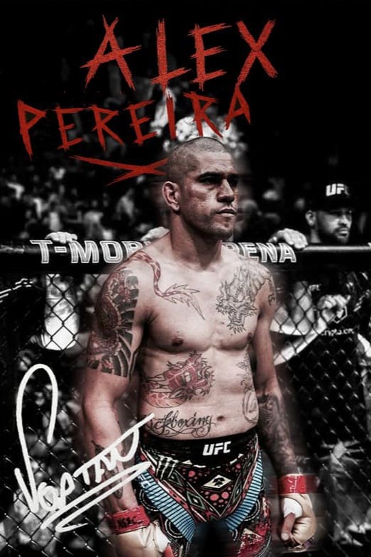 Alex Pereira stands in the UFC octagon at T-Mobile Arena, shirtless with tattoos visible. His name is written in red above him, and a white autograph is on the lower left of the image. This iconic moment is a favorite snapshot among Brasil IPTV and IPTV BrasiL fans following his electrifying career.