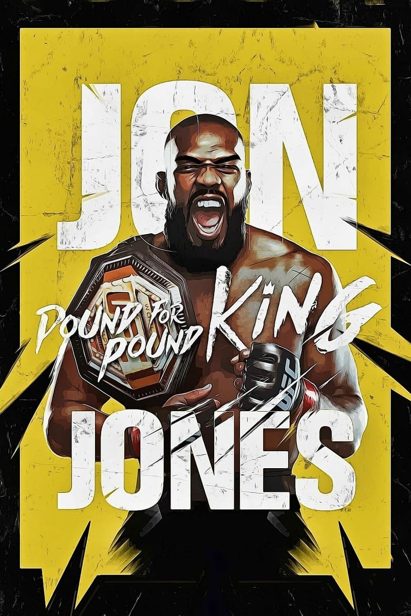 Illustration of a shouting MMA fighter holding a championship belt, with bold text overlay reading Jon Jones Pound for Pound King on a yellow and black background—perfect for fans streaming the action live on IPTV BrasiL.