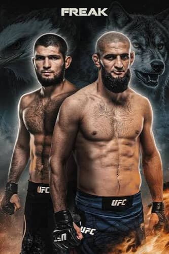Two male MMA fighters stand shirtless, wearing UFC shorts and gloves. A wolf and eagle appear in the dark background above them, with FREAK written at the top. The image has a fierce, intense atmosphere, capturing the raw energy of competition—just like tuning into every thrilling moment with IPTV BrasiL.