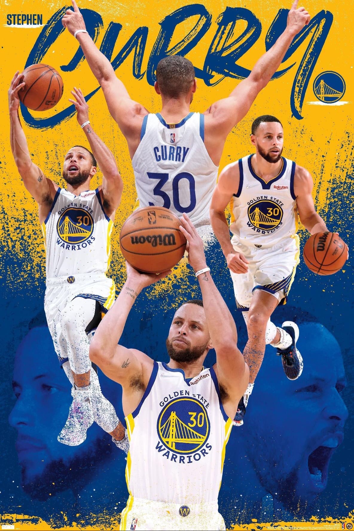 A collage of a Golden State Warriors basketball player in five different action poses, set against a blue and yellow background with the name Curry in large letters above, perfect for fans streaming games via IPTV BrasiL.