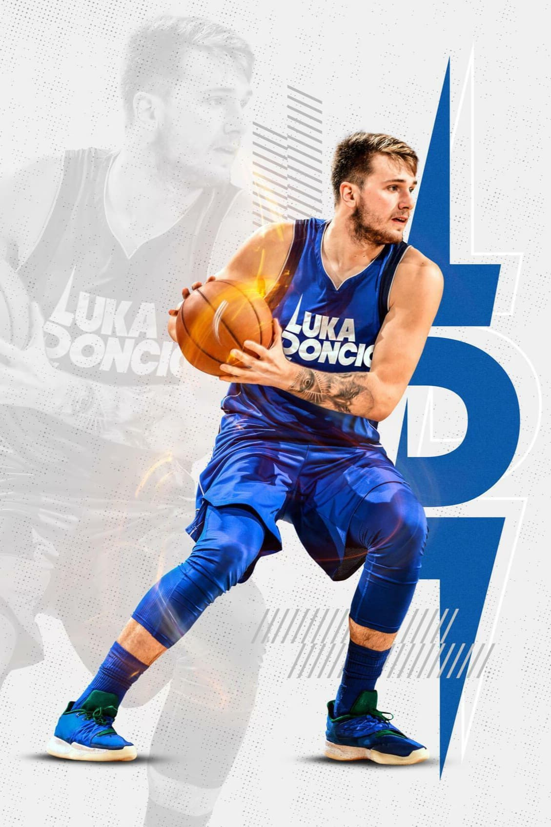 A basketball player in a blue uniform dribbles a ball, looking to his side. A large stylized L and D appear in the background, with a faded image of the player behind him. The scene evokes the dynamic energy of sports broadcasting, reminiscent of top platforms like Brasil IPTV.