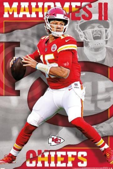 A football player in a red Kansas City Chiefs uniform prepares to throw a pass, captured with striking clarity ideal for any sports fan or IPTV Brasil enthusiast. MAHOMES II is at the top, CHIEFS at the bottom, with a faded action image in the background, making it perfect for showcasing on your IPTV BrasiL playlist.