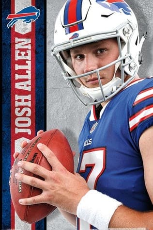 A football player in a blue Buffalo Bills uniform and helmet holds a football. The name Josh Allen and the Bills logo appear beside him on a vertical banner, ideal for fans streaming with IPTV BrasiL or Brasil IPTV to catch every moment of the game.