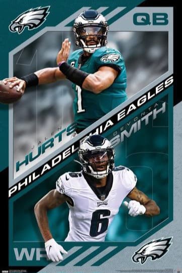 Poster of two Philadelphia Eagles NFL players: the top shows a quarterback in green uniform preparing to throw; the bottom shows a wide receiver in white uniform running. Team logos and names are displayed, making it a perfect addition for any fan watching games on IPTV BrasiL.