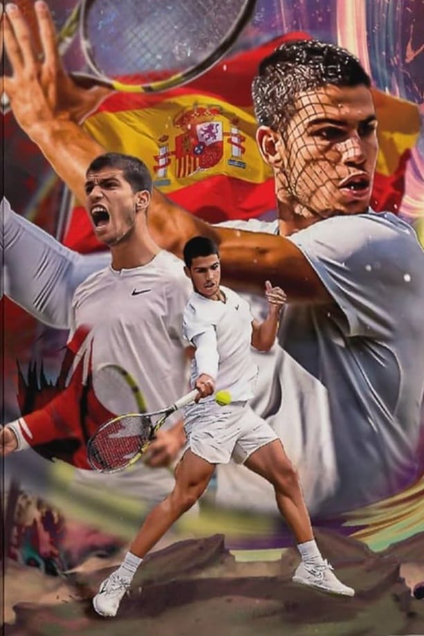 A collage of a male tennis player in action poses, with the Spanish flag in the background, wearing a white outfit and holding a tennis racket—perfect for sports enthusiasts looking to catch every thrilling moment with IPTV Brasil.