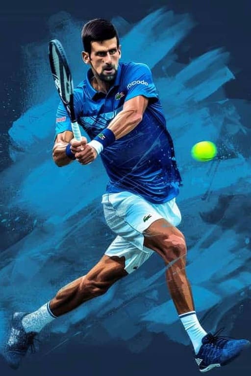 A male tennis player in a blue shirt and white shorts hits a backhand shot, eyes focused on a green tennis ball against an abstract blue background, reminiscent of watching live sports via Brasil IPTV.