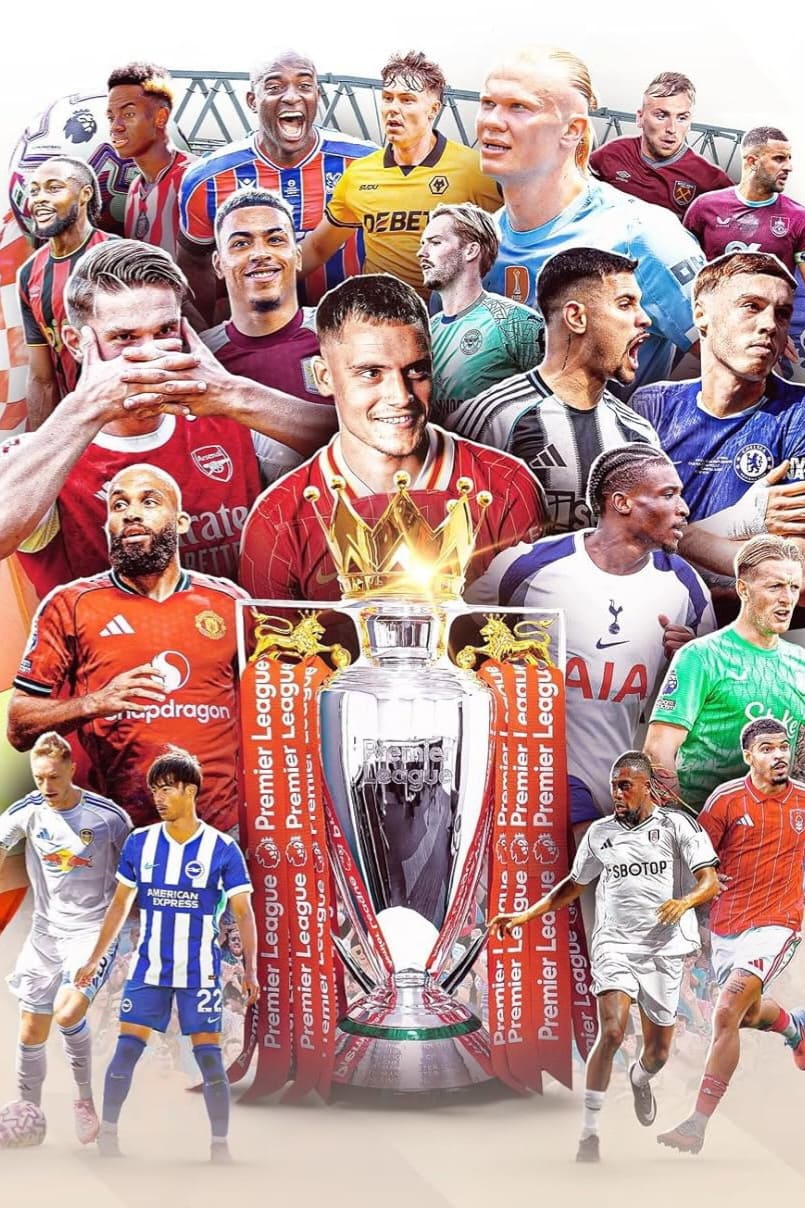 A collage of male soccer players from various Premier League teams surrounds the Premier League trophy at the center. The background shows a stadium structure. Players are in action poses, wearing their team jerseys, capturing the electrifying moments that fans can enjoy through IPTV BrasiL for seamless live streaming of every match.
