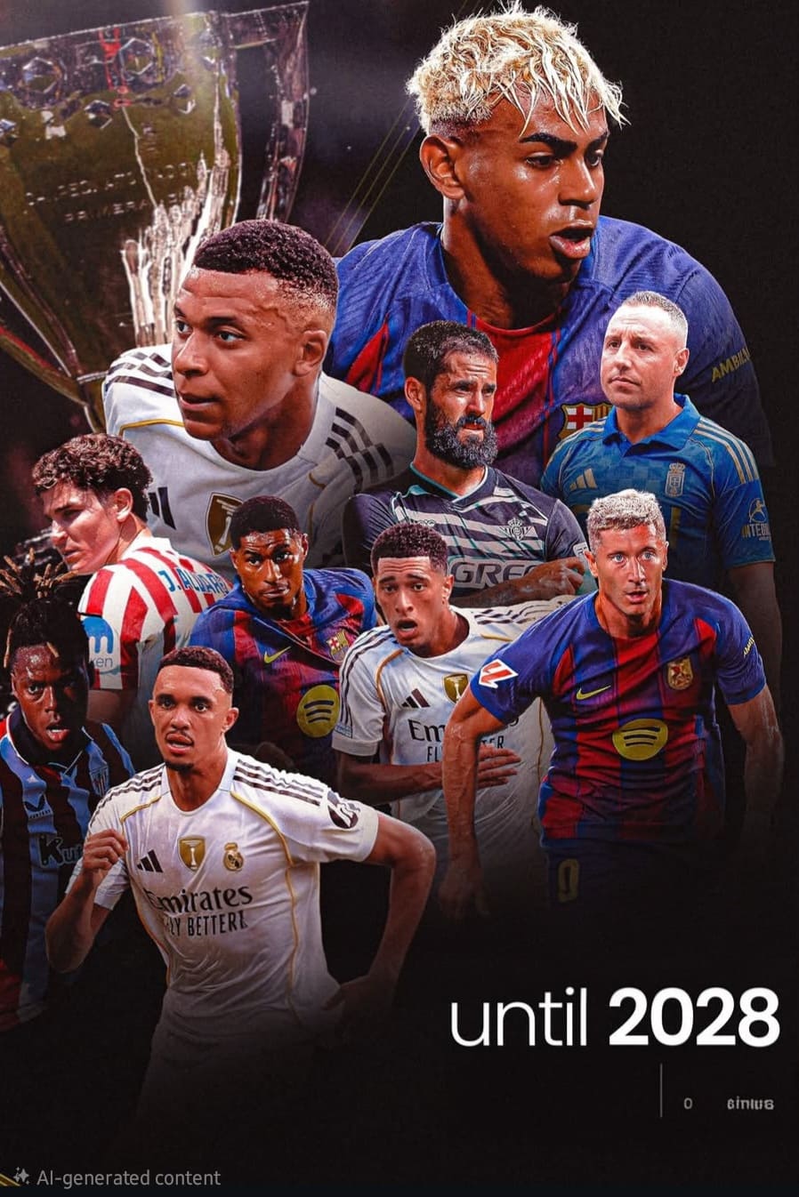 A collage of soccer players from various clubs, some in action poses, others looking ahead, with a trophy in the background and the text “until 2028” at the bottom, celebrating the excitement of Brasil IPTV sports coverage.