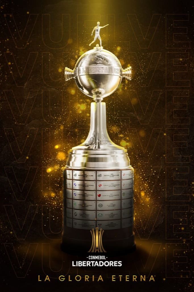 The Copa Libertadores trophy shines with a gold glow, reflecting the excitement that captivates fans across continents through Brasil IPTV. The text CONMEBOL LIBERTADORES LA GLORIA ETERNA appears below the trophy on a dark background.