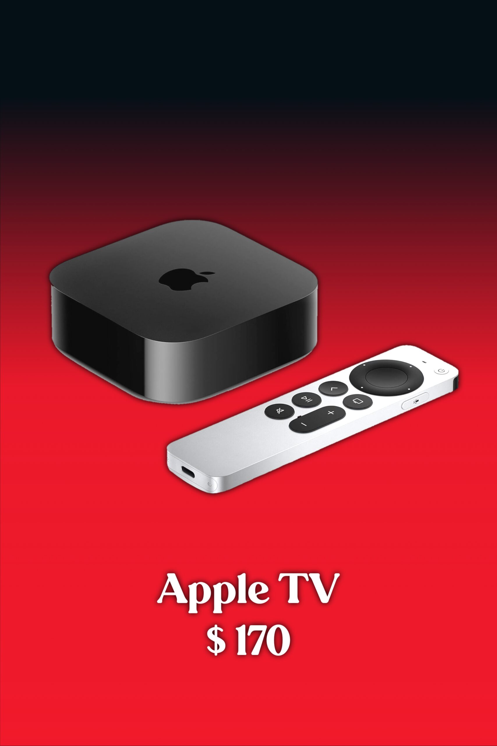 A black Apple TV device and silver remote are displayed on a red gradient background with the text “Apple TV $170” below them, highlighting an ideal streaming setup for Brasil IPTV enthusiasts.