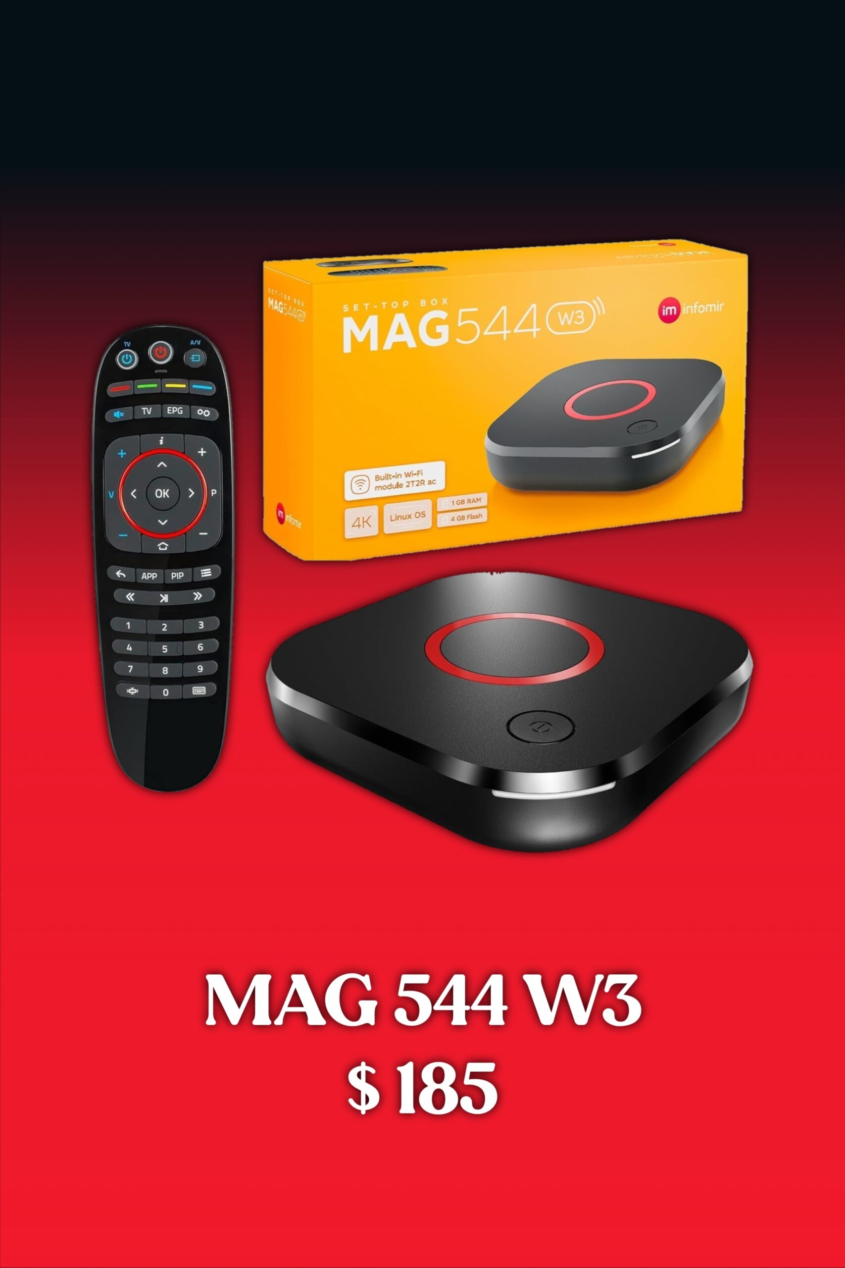 A MAG 544 W3 TV box with remote and packaging displayed on a red gradient background, perfect for enjoying IPTV BrasiL. Text reads: MAG 544 W3 $185.