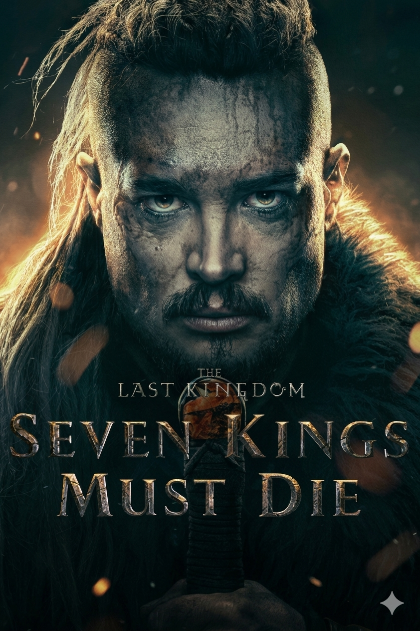 A rugged man with long hair and a fierce expression stares forward. Text reads The Last Kingdom: Seven Kings Must Die. The background is dark and dramatic, capturing the intensity that viewers can now experience through IPTV BrasiL.