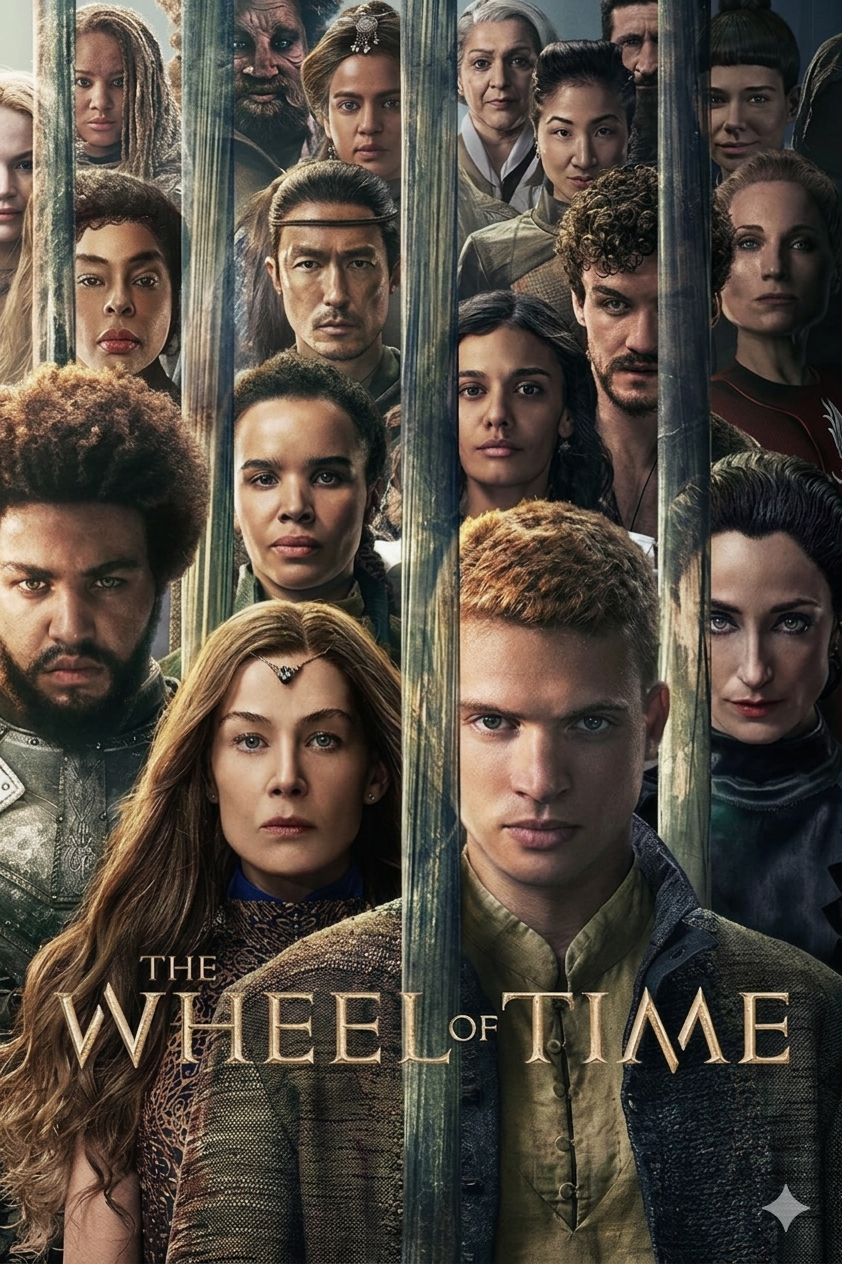 A group of diverse characters from The Wheel of Time stands closely together, facing forward behind vertical bars, with the show’s title at the bottom—perfect for fans enjoying the series on Brasil IPTV.