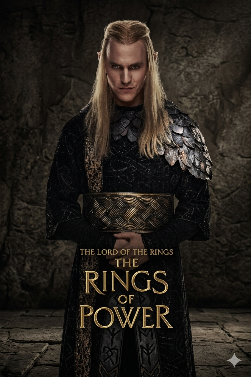 A blonde elf in black armor stands with hands clasped, facing forward. The text reads: The Lord of the Rings: The Rings of Power. Behind, a stone wall sets the scene—perfect for fans tuning in through IPTV BrasiL to enjoy every epic moment.