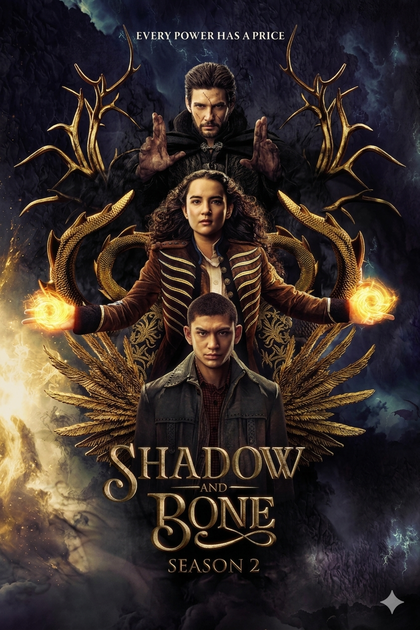 Three characters stand in dramatic poses with glowing magic in their hands, golden antlers and wings behind them. The text reads SHADOW AND BONE SEASON 2, with Every power has a price above—now streaming on Brasil IPTV for fans eager to immerse themselves in this magical adventure.