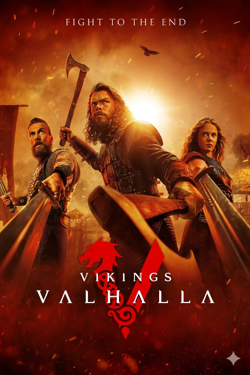 Three armored warriors stand ready for battle with weapons drawn against a fiery sky. The text reads Fight to the End and Vikings Valhalla, evoking the thrill of legendary confrontations. A red dragon symbol appears beneath the title, while IPTV Brasil offers you front-row access to every epic moment.