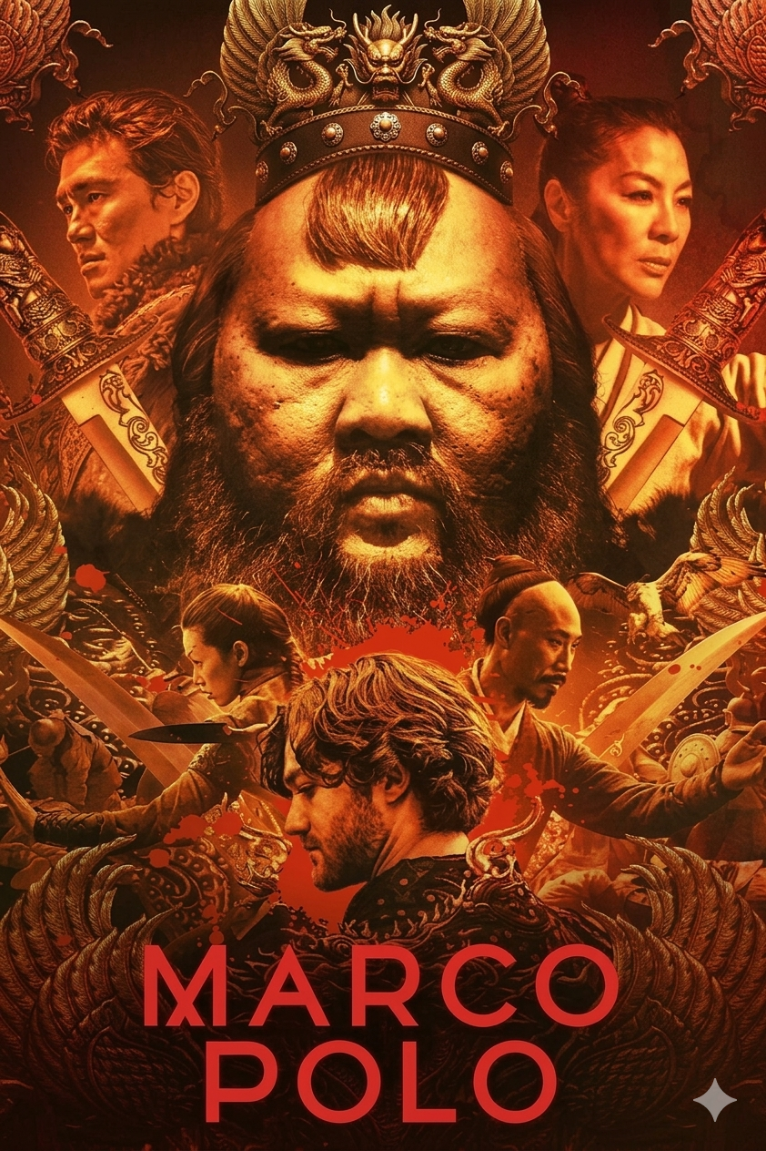 Poster for Marco Polo featuring a large central figure with a crown, surrounded by four other characters and scenes of swords and battle, all in a dramatic red and gold color scheme, perfect for fans enjoying epic adventures on Brasil IPTV or IPTV BrasiL.