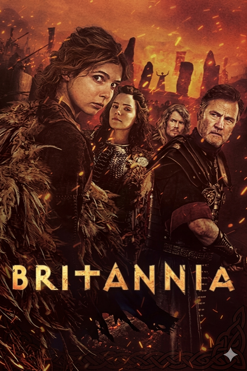 Four serious-looking people in ancient, fur-trimmed clothing stand before a fiery, war-torn landscape with large stones. BRITANNIA is written across the bottom in bold, golden letters, capturing an epic scene reminiscent of what you might experience streaming on IPTV BrasiL.