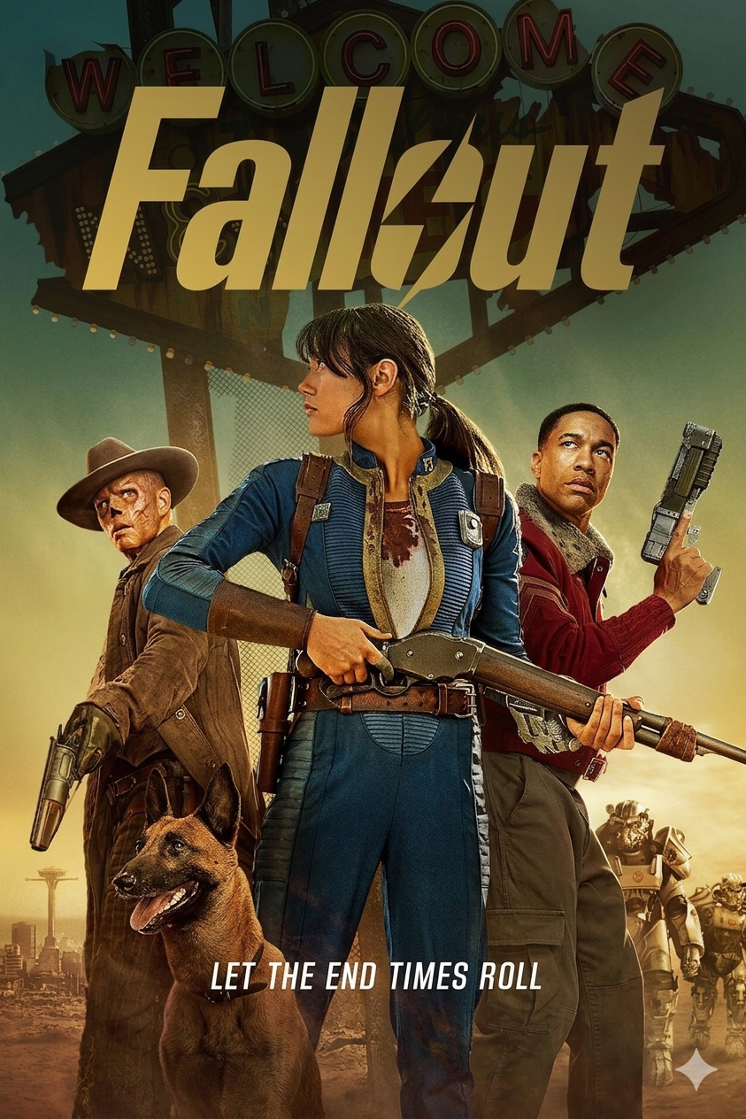 Three people in post-apocalyptic outfits, one holding a rifle, pose with a dog in front of a ruined Welcome sign. The word “Fallout” is above them. The caption reads, Let the end times roll—just another day surviving the wasteland, where only your wits and Brasil IPTV keep you connected to what’s left of the world.