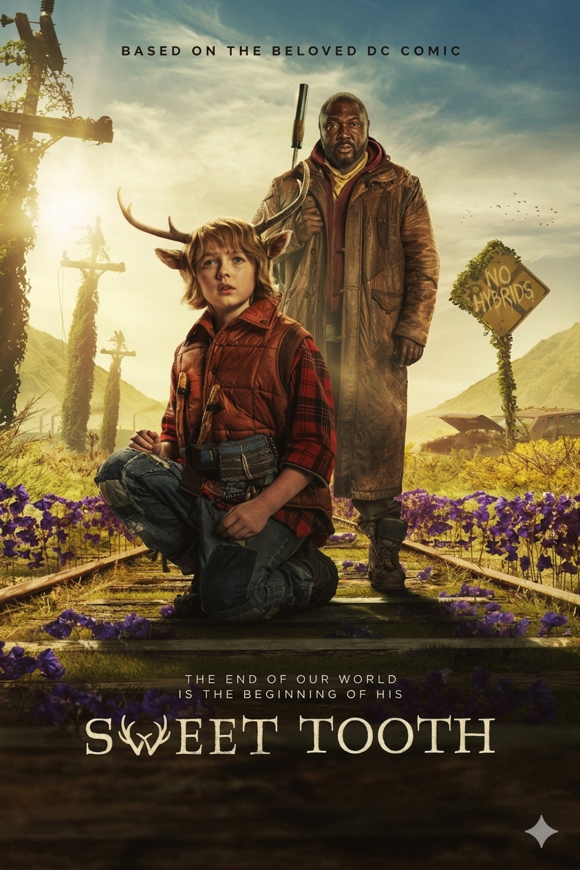A young boy with antlers sits on train tracks holding a candy bar, with an older man standing behind him. The background features flowers, mountains, and a sign reading No Hybrids. Text reads: Sweet Tooth. Experience this captivating story like never before with IPTV BrasiL—bringing thrilling entertainment straight to your screen.