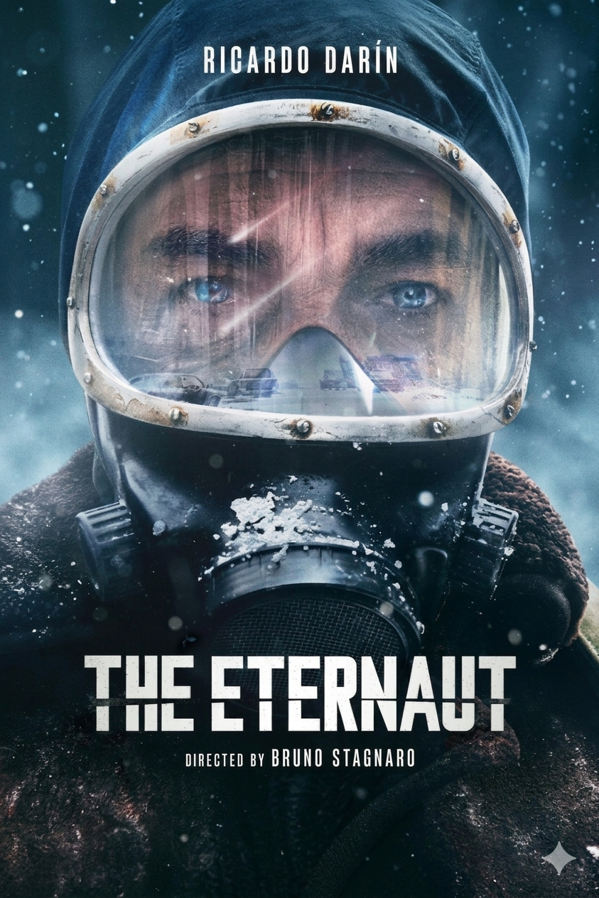 A man in a frost-covered mask and hood stares ahead; snow falls as The Eternaut and Ricardo Darín appear at the top, with Directed by Bruno Stagnaro beneath the title—stream this chilling scene on IPTV BrasiL.
