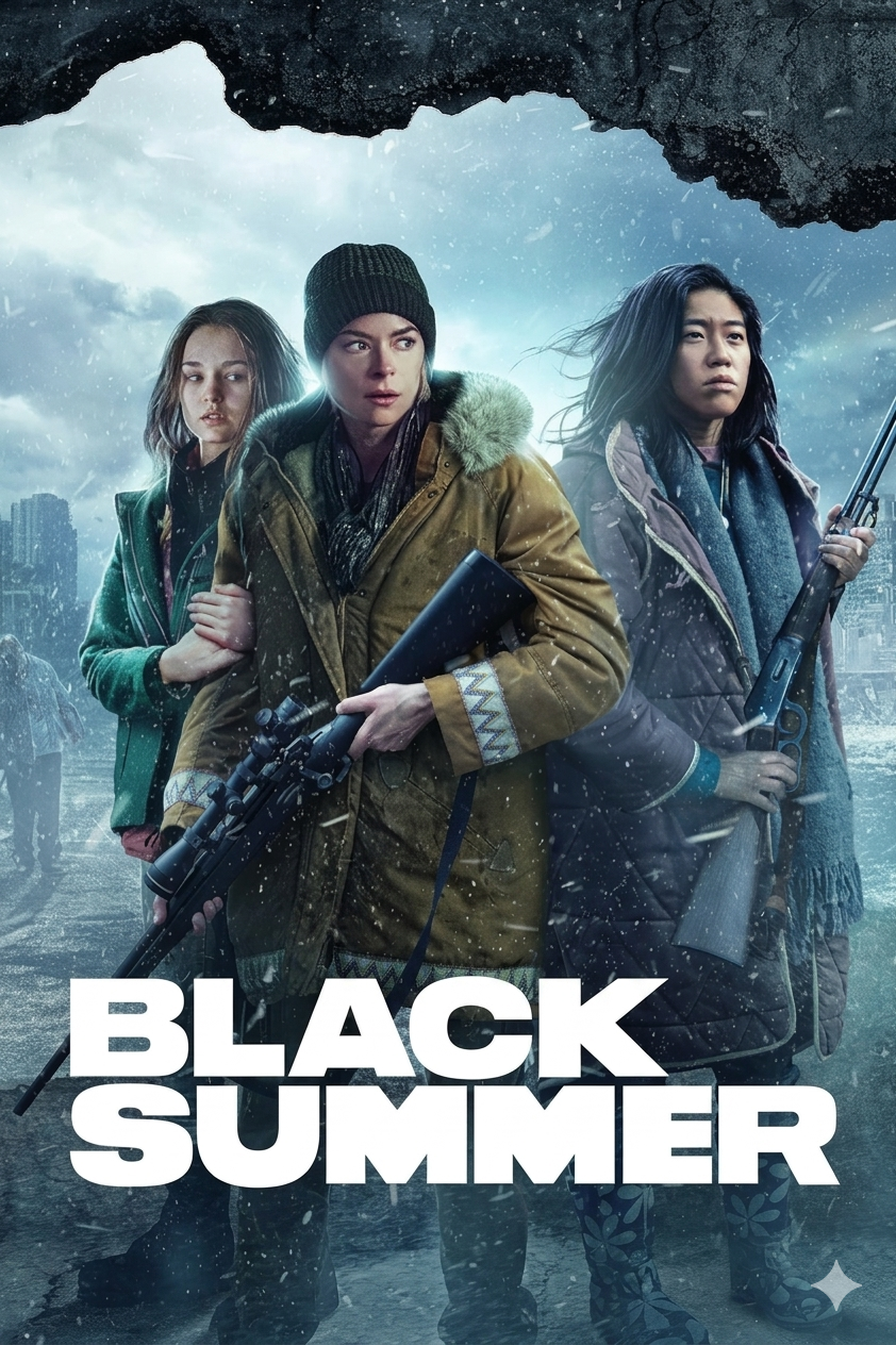 Three women in winter clothing stand ready with rifles in a snowy, post-apocalyptic cityscape. Against this harsh backdrop, the title BLACK SUMMER is boldly displayed at the bottom of the image—a chilling scene that would keep any Brasil IPTV or IPTV BrasiL viewer on the edge of their seat.