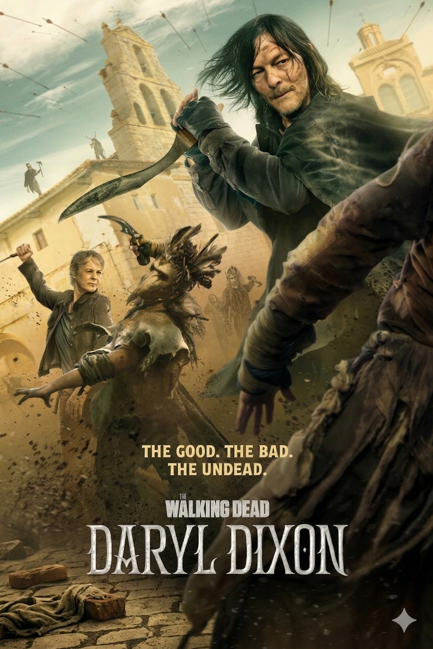 Two people fight off zombies in a ruined town with dramatic poses. The text reads, The Good. The Bad. The Undead. The Walking Dead Daryl Dixon. Buildings and debris fill the background—experience the action like never before with Brasil IPTV.