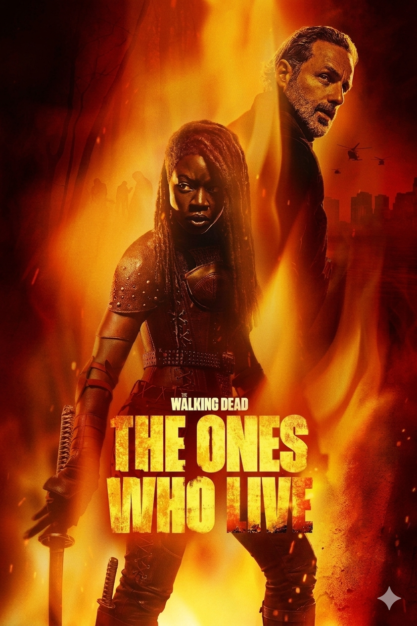 A dramatic poster for The Walking Dead: The Ones Who Live featuring two armed characters standing back to back, surrounded by intense flames, with helicopters and a city skyline in the background—a must-see for fans streaming the series via IPTV BrasiL.