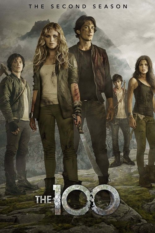 Five young people in rugged, dirty clothes stand on rocky ground with mountains and a cloudy sky behind them. Text reads, The Second Season and The 100, now available to stream on Brasil IPTV for an immersive viewing experience.