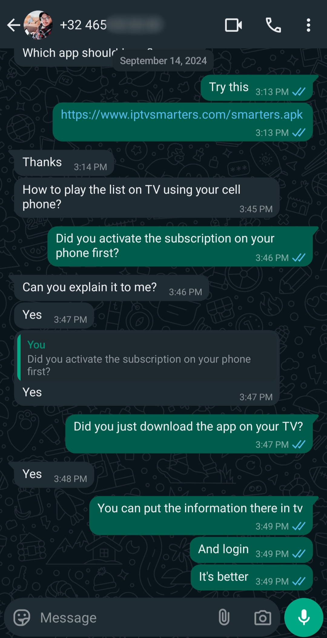 WhatsApp chat about installing and activating an IPTV app, showing steps and questions about using a phone or TV to subscribe and login, with helpful tips for getting started with IPTV BrasiL.