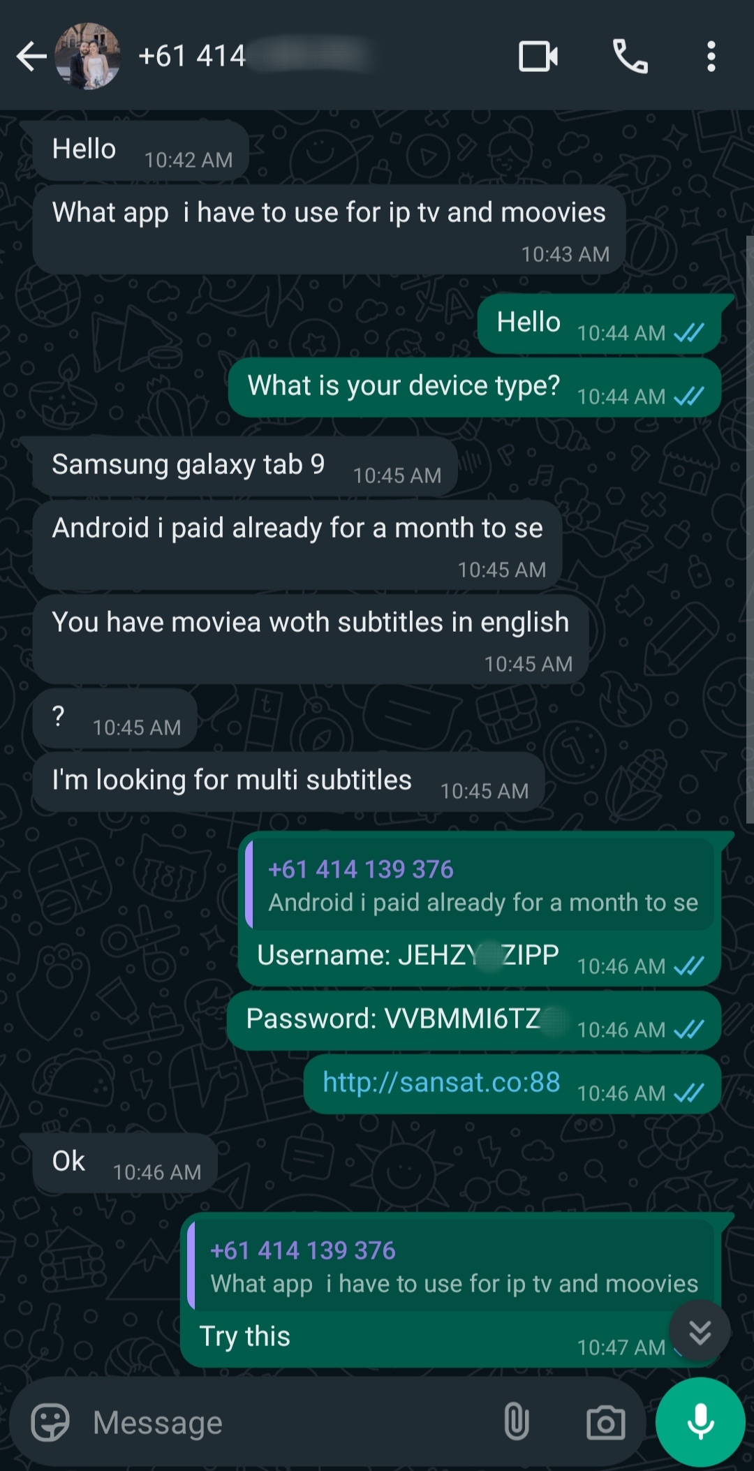 A WhatsApp chat shows a user asking for an app to use for IPTV and movies. The assistant suggests Moivea, provides a login, and shares a link and credentials for access to IPTV BrasiL. The user confirms understanding.