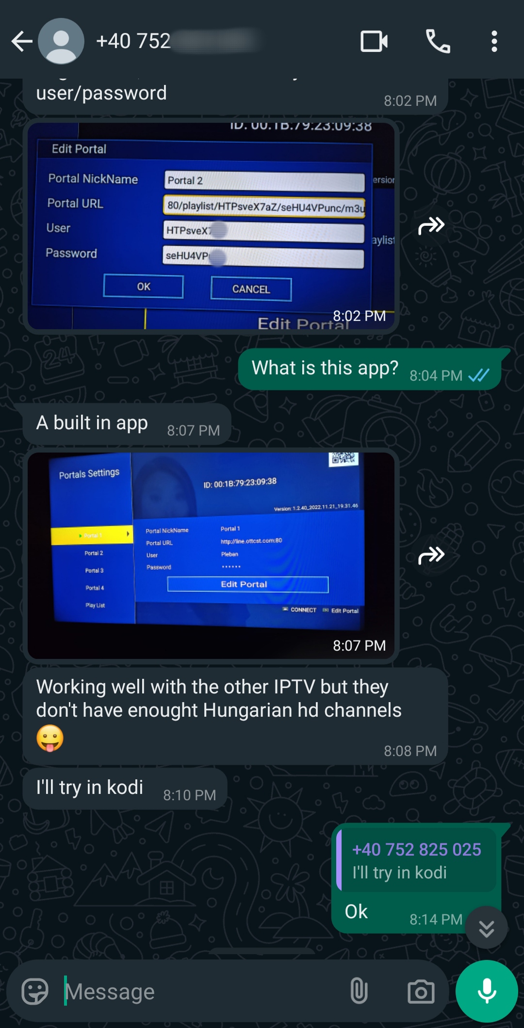A WhatsApp chat showing screenshots of IPTV app settings and a discussion about using IPTV portals, Hungarian channels, and Brasil IPTV. Users mention trying the setup in Kodi, with phone numbers partially visible in the chat.