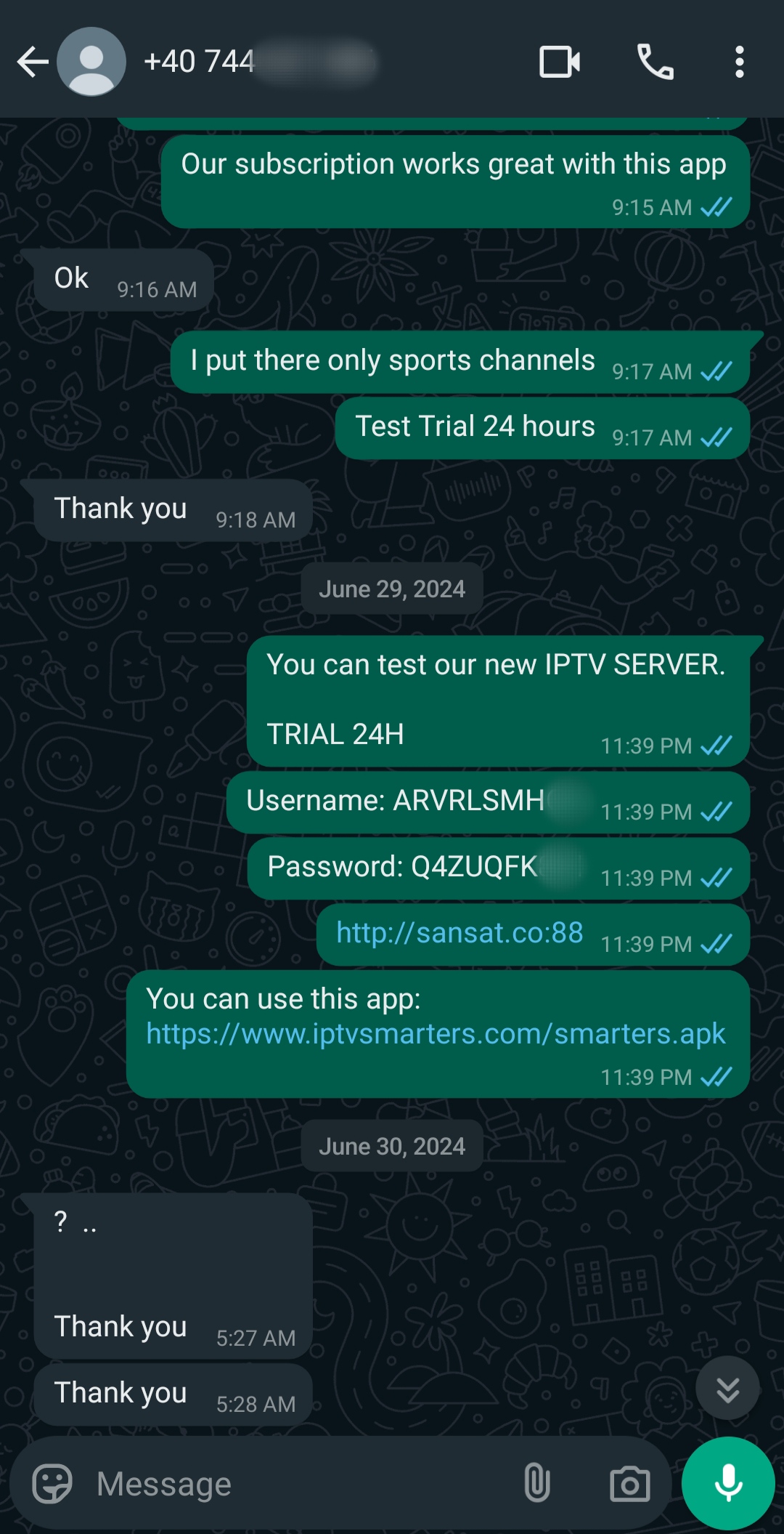 WhatsApp chat showing a person requesting a sports-only subscription. The other user shares Brasil IPTV server test credentials, a link, and an app download for easy access. The conversation ends with repeated thank you messages, highlighting the reliability of IPTV BrasiL services.