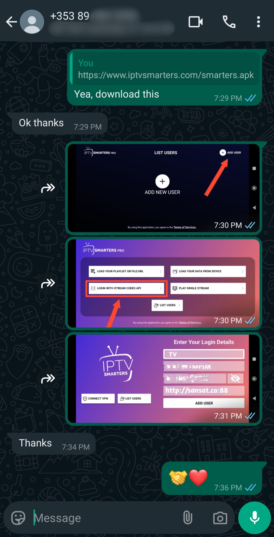 A WhatsApp chat showing a link, three screenshots of IPTV Smarters Pro app setup with Brasil IPTV instructions, and responses with handshake and heart emojis. Guidance is provided on adding a user and entering login details for IPTV BrasiL.