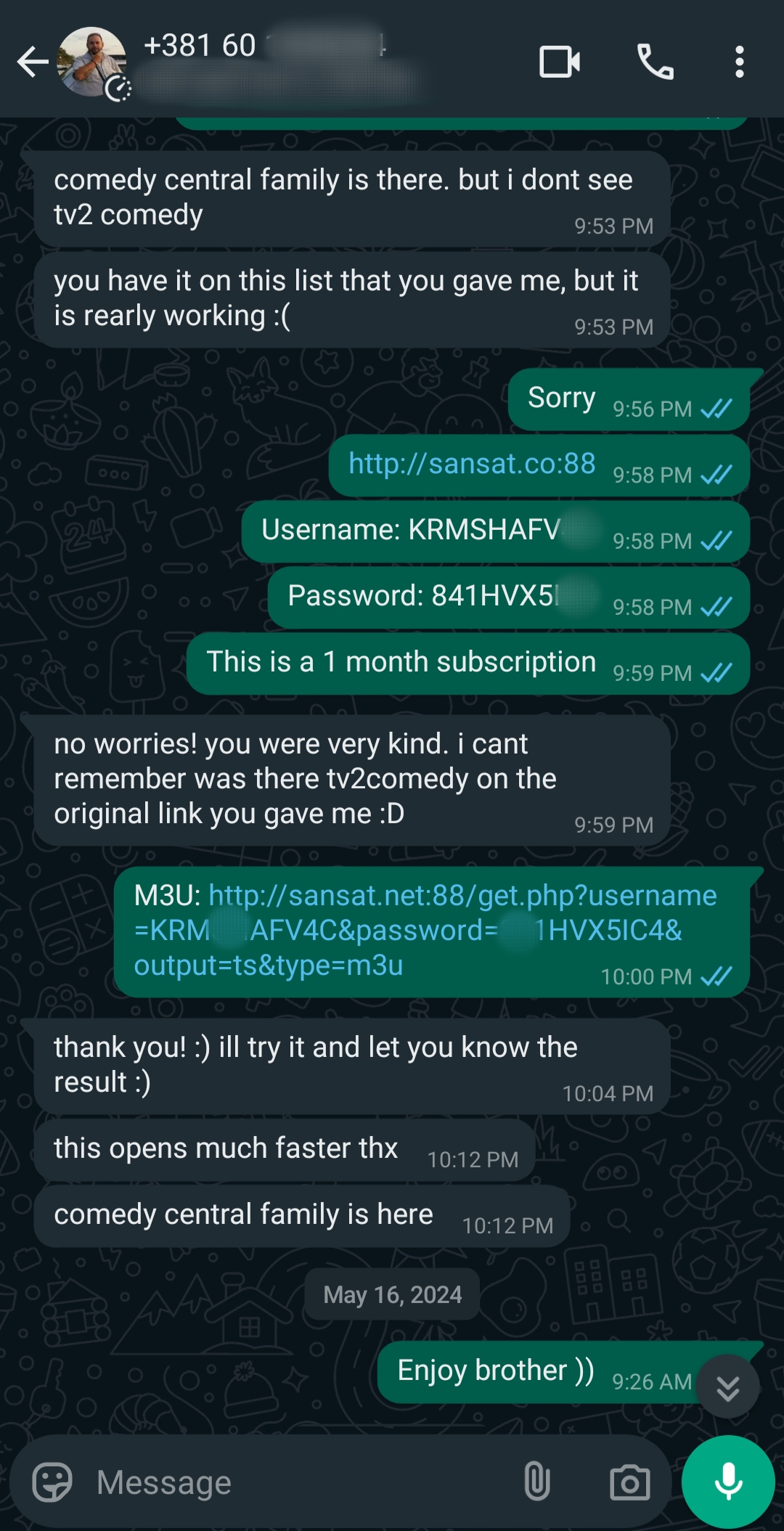 A WhatsApp chat shows a person sharing an IPTV BrasiL streaming link, username, and password for TV channels. The other person confirms it works and thanks them, ending with Enjoy brother :)). Timestamp is May 16, 2024.