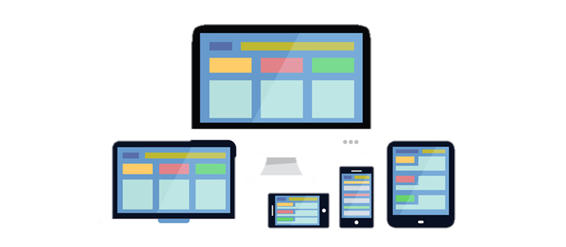 Illustration of responsive web design shown on a desktop monitor, laptop, tablet, and two smartphones, each displaying a similar colorful website layout for IPTV BrasiL.