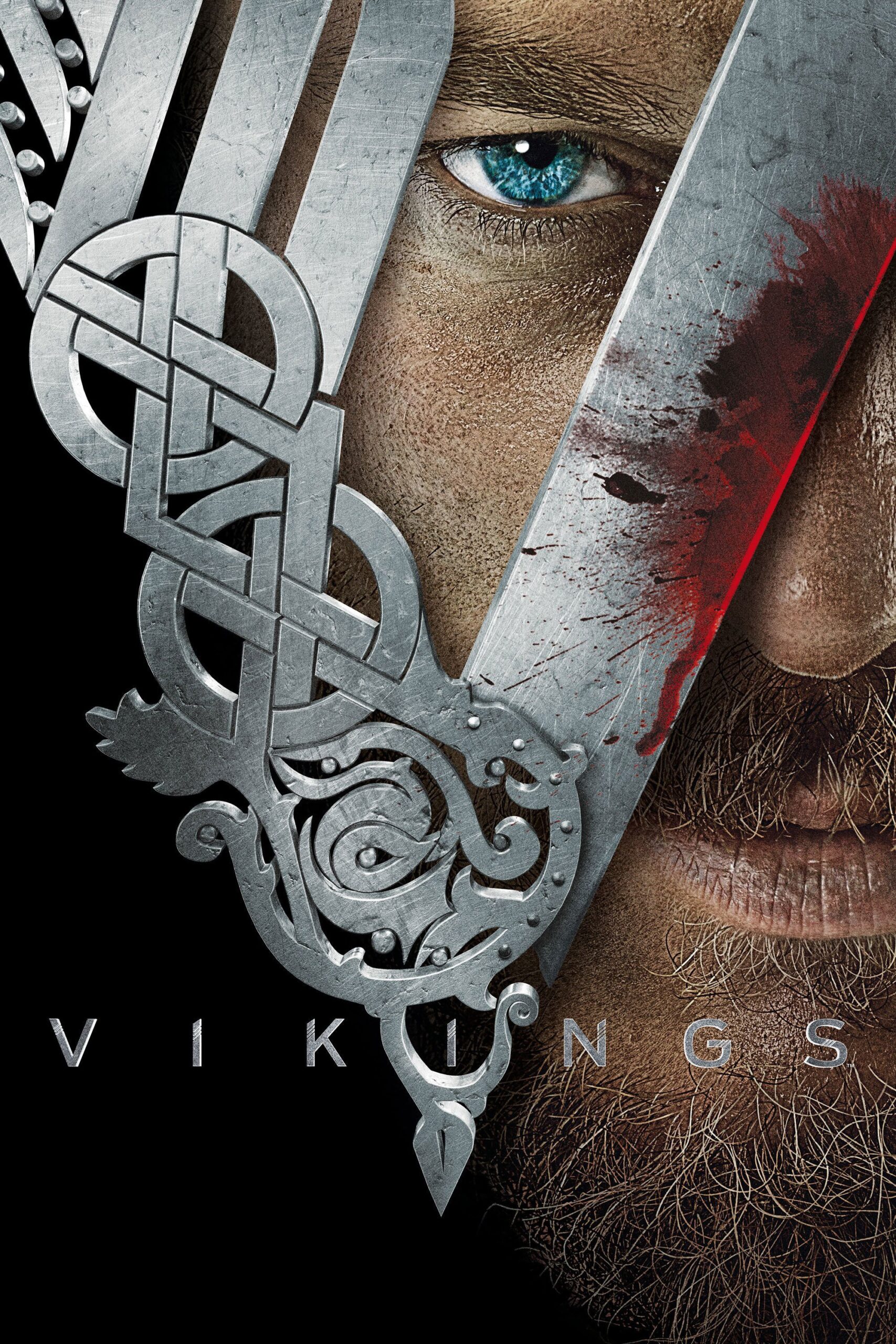 Close-up of a man’s intense blue eye and face with a metal Viking helmet, splattered with blood. Intricate Norse designs and the word VIKINGS appear at the bottom, evoking the raw power of ancient warriors—now streaming epic action straight to your screen with IPTV Brasil.