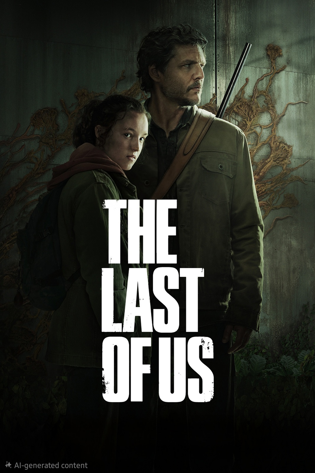 A man holding a rifle stands protectively beside a young girl. Both look serious. Fungi grow on the wall behind them, hinting at the dangers they face. Large white text reads THE LAST OF US, reminiscent of scenes you might catch on Brasil IPTV for an immersive viewing experience.