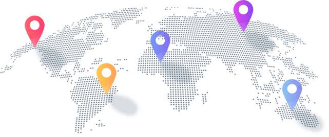 A dotted world map with five colorful map pins—red, orange, purple, and two blue—marking different global locations, highlighting the widespread reach of IPTV BrasiL and Brasil IPTV services.