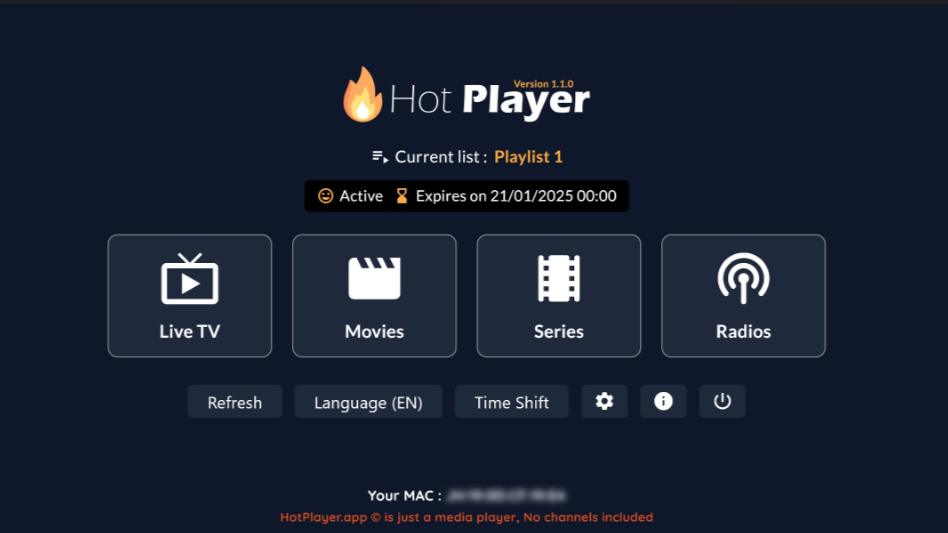 A dark-themed media player interface showcasing options for Live TV, Movies, Series, Radios, and settings. Featuring Brasil IPTV integration, the interface displays an active subscription expiring on 21/01/2025. The user’s MAC address is blurred at the bottom.