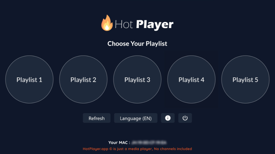 A dark-themed media player screen titled Hot Player with five circular playlist buttons labeled Playlist 1 to Playlist 5, featuring integration for Brasil IPTV. Controls for refresh, language, and power are conveniently located at the bottom.